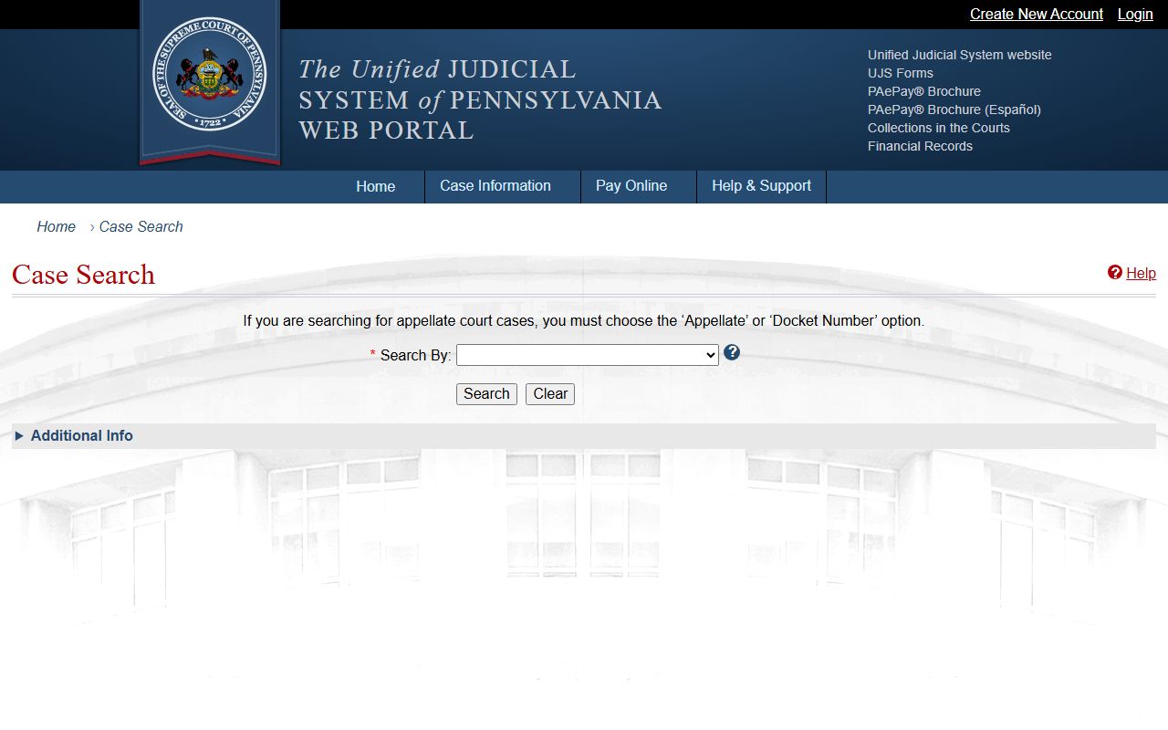 Pennsylvania UJS Case Search interface for public court docket lookups