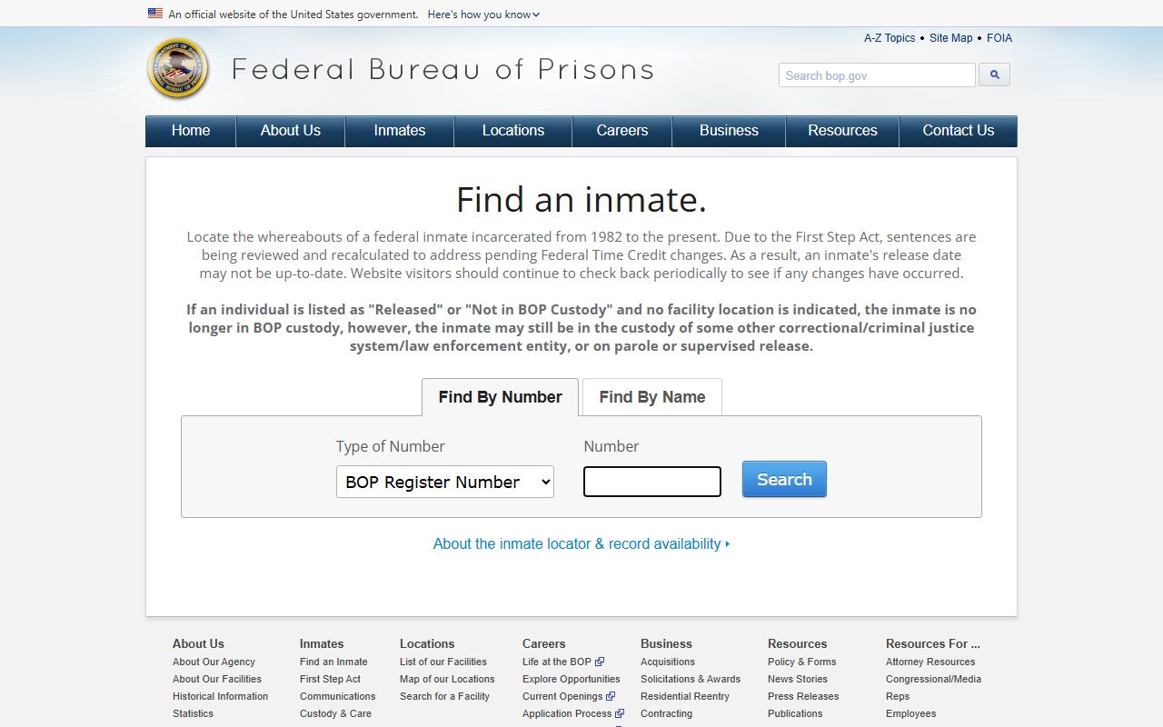 Federal BOP inmate locator with number and name search options