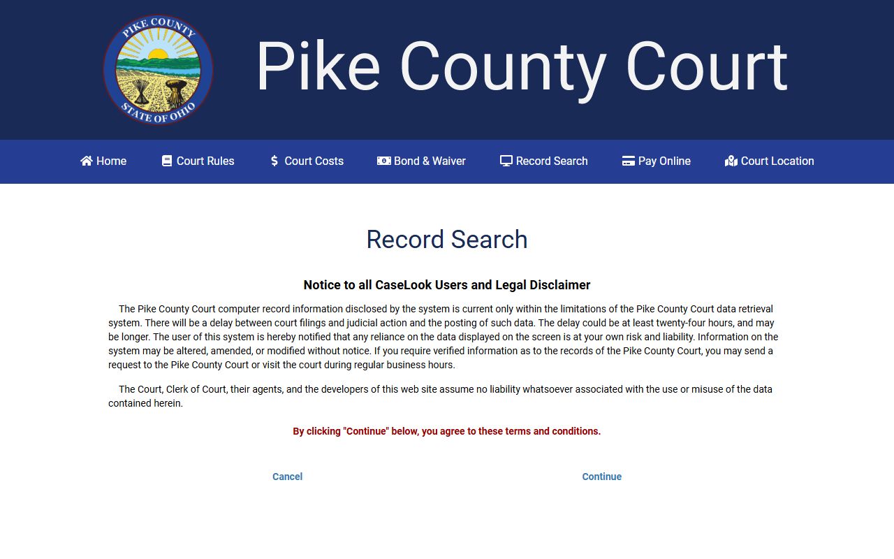 Pike County Court record search disclaimer noting delay and verified record options