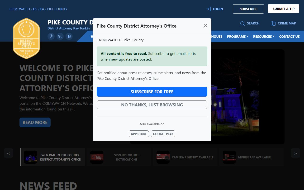 Pike County District Attorney Crimewatch homepage with news and law enforcement tools